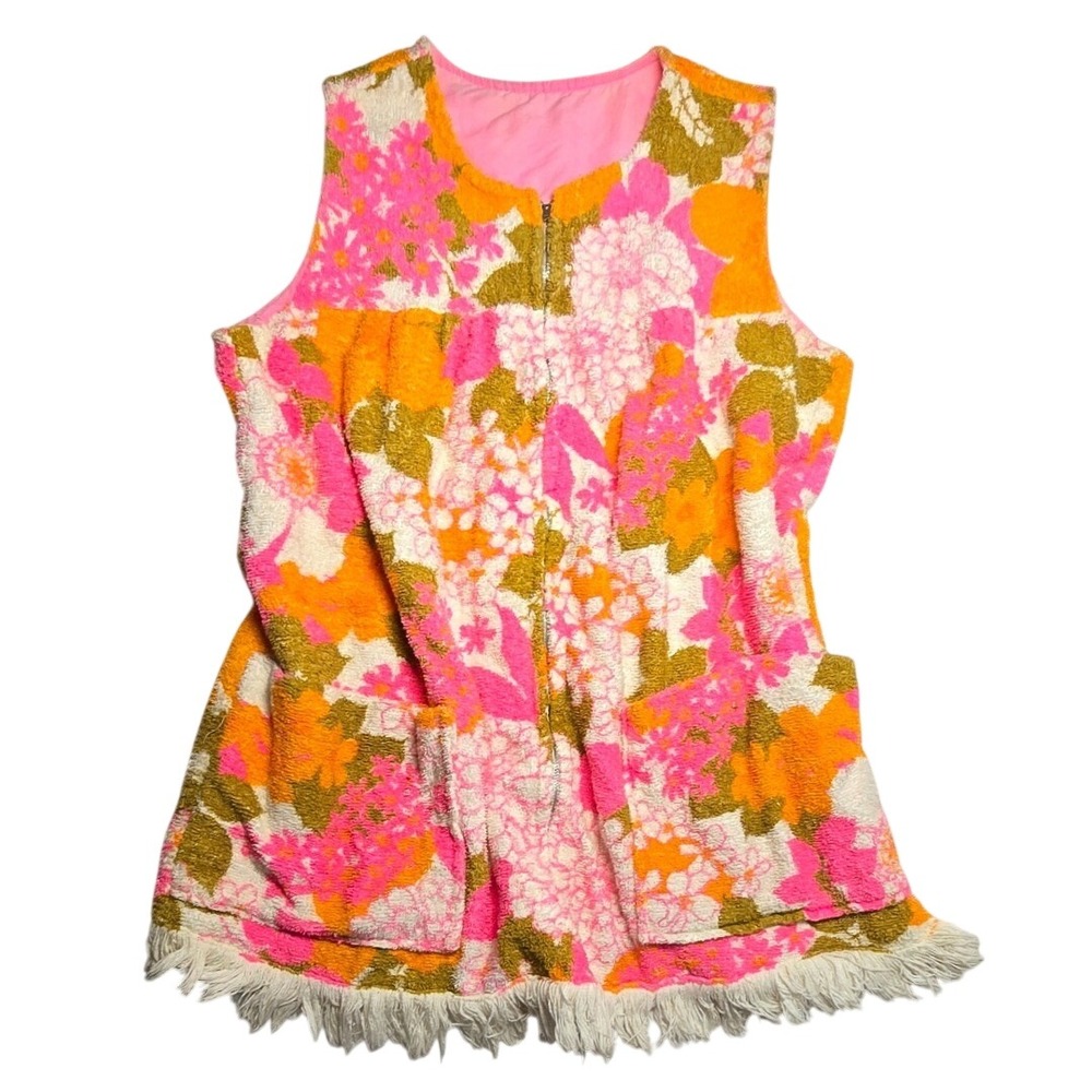 Vintage 60s 70s Terry Cloth Floral Beach Cover Up Pink Orange Fringe Zip Medium